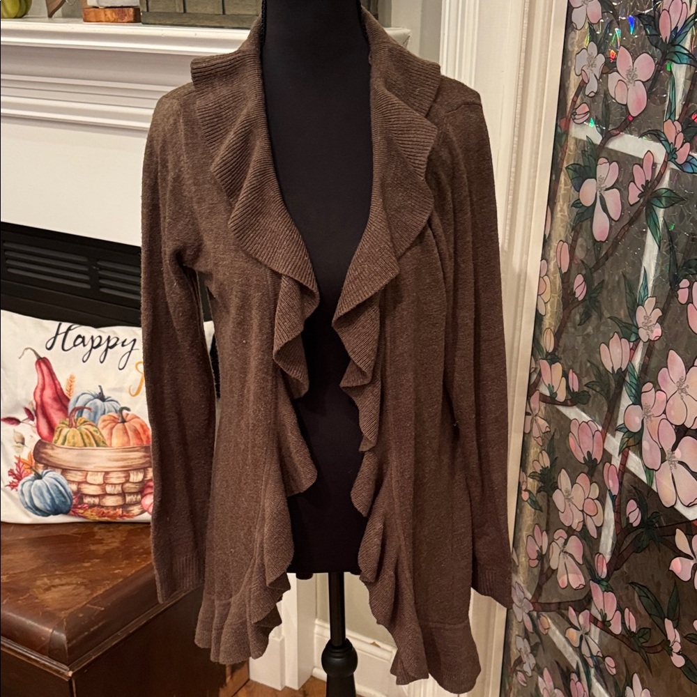 Susan Lawrence Chocolate Ruffled Cardigan -Size - Medium EUC